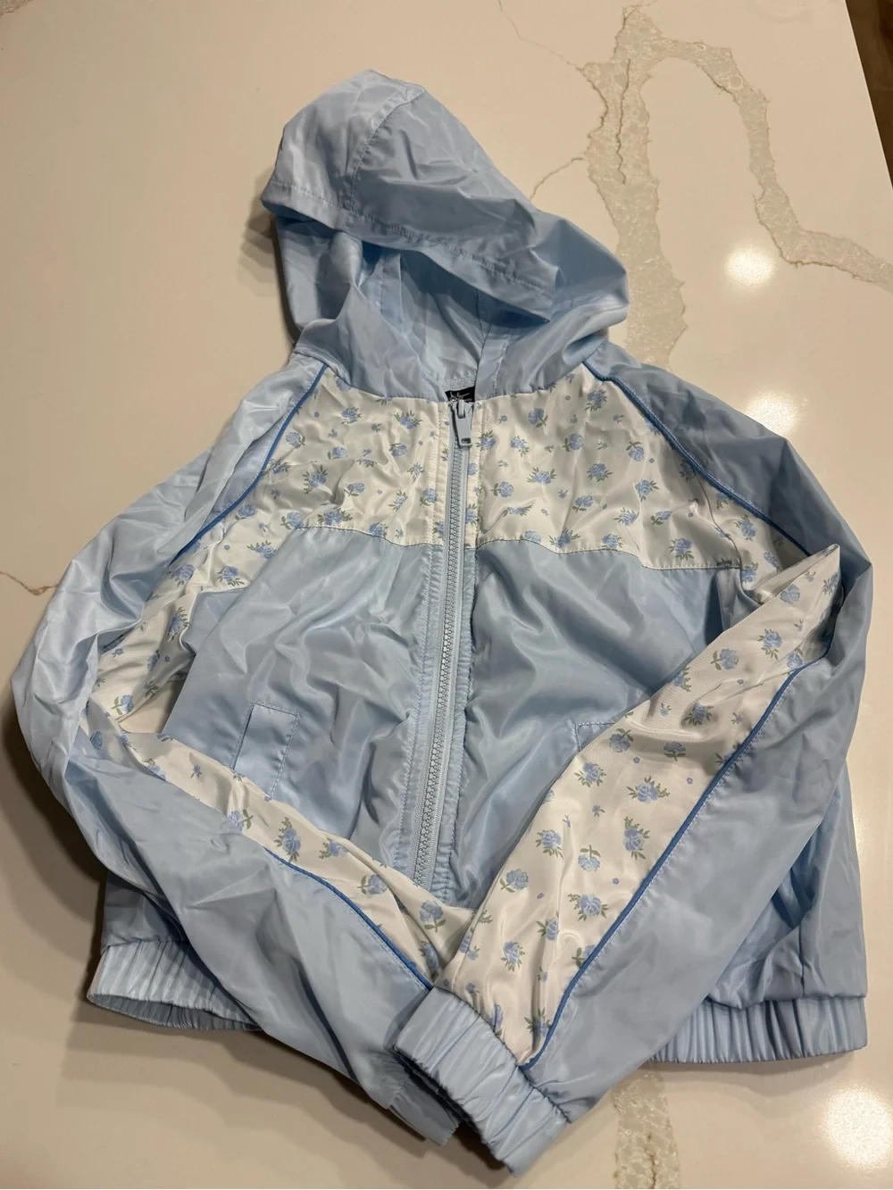 Light Blue Floral-Trim Hooded Windbreaker Jacket for Kids